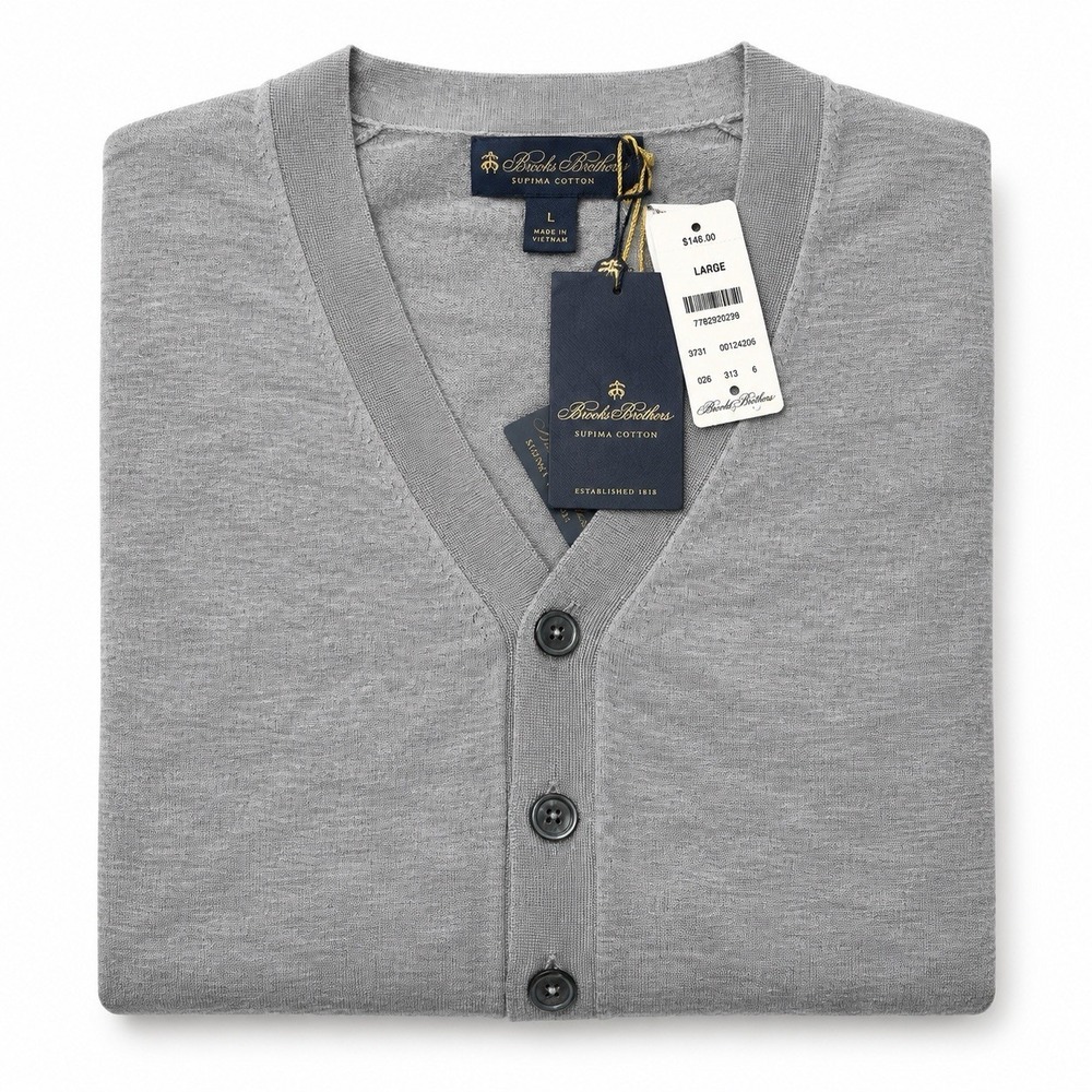 Brooks Brothers Mens Gray Supima Cotton V-Neck Cardigan L